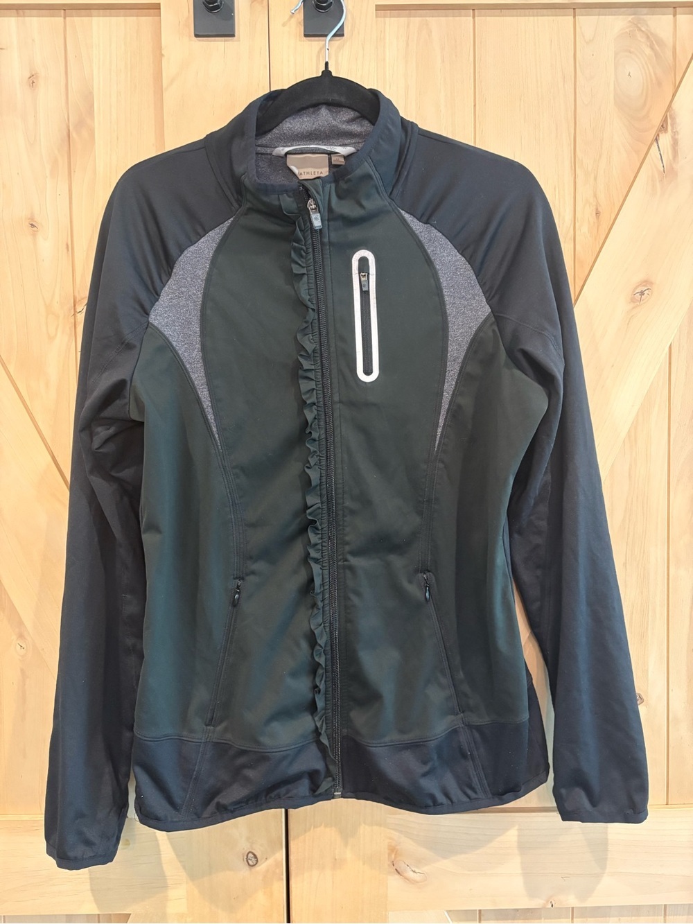 Athleta Black and Gray Ruffle-Trim Zip Jacket